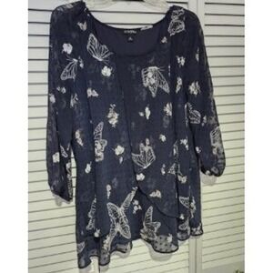 ROZ & ALI Women's Navy Butterfly Print Sheer Sleeve Top XL